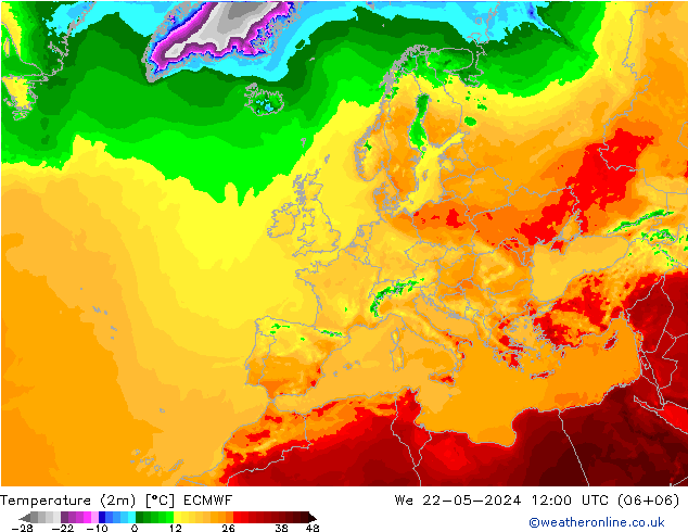 Temperatura (2m) ECMWF mié 22.05.2024 12 UTC