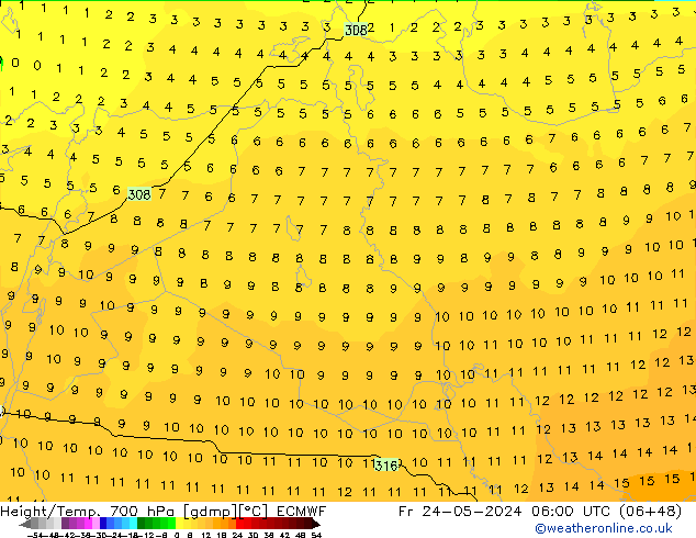 Yükseklik/Sıc. 700 hPa ECMWF Cu 24.05.2024 06 UTC