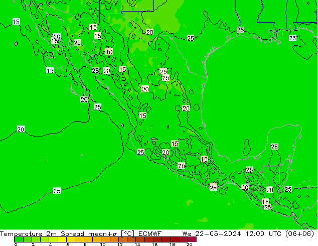 Temperatura 2m Spread ECMWF mié 22.05.2024 12 UTC