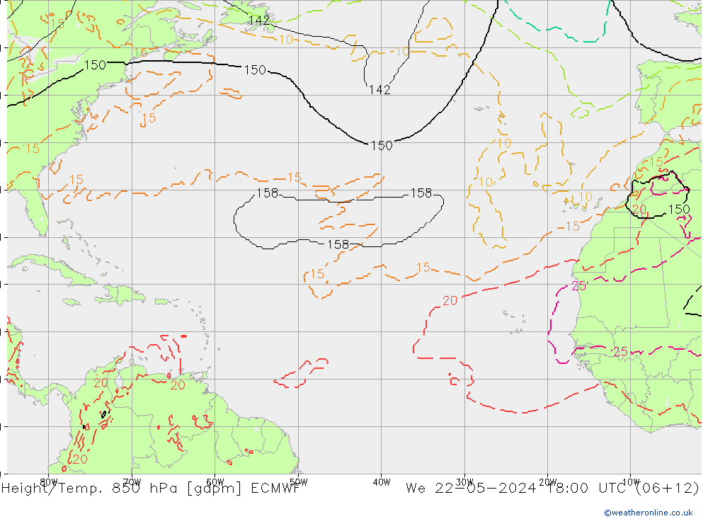 Height/Temp. 850 hPa ECMWF mer 22.05.2024 18 UTC