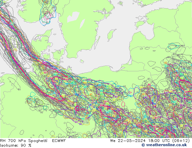 RH 700 hPa Spaghetti ECMWF śro. 22.05.2024 18 UTC