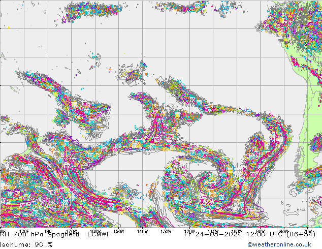 RH 700 гПа Spaghetti ECMWF пт 24.05.2024 12 UTC