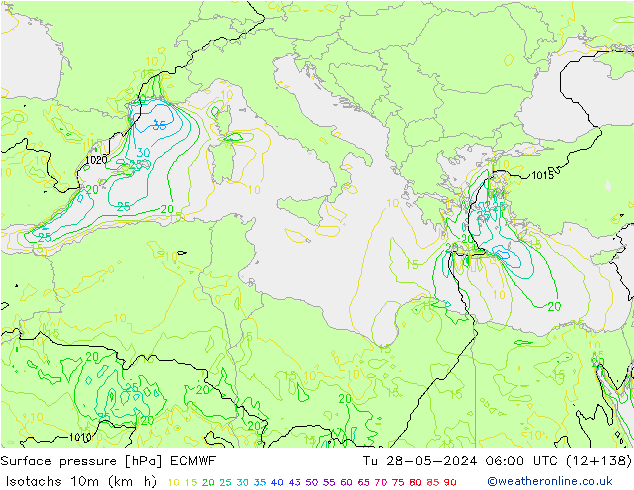 Isotachen (km/h) ECMWF di 28.05.2024 06 UTC