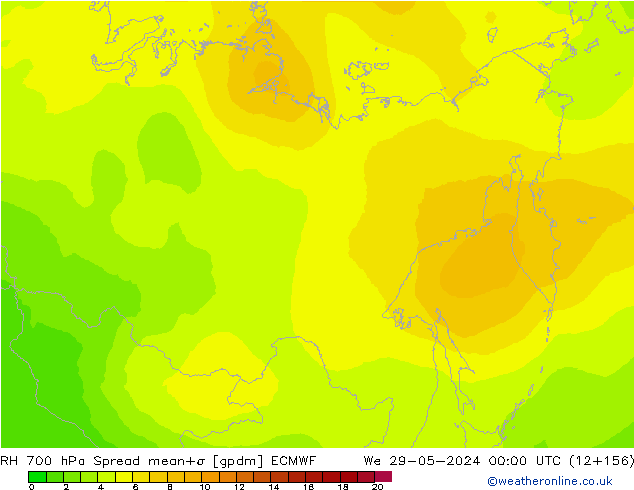 Humidité rel. 700 hPa Spread ECMWF mer 29.05.2024 00 UTC