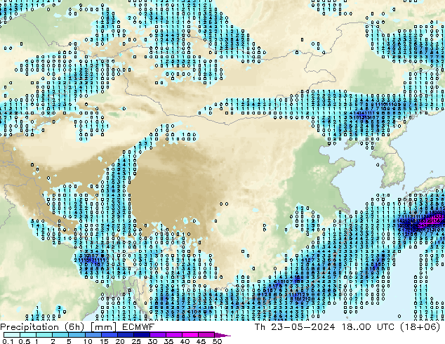 降水量 (6h) ECMWF 星期四 23.05.2024 00 UTC
