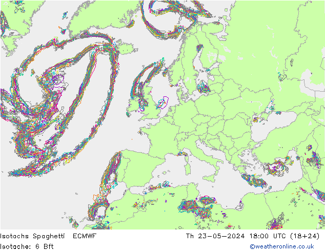 Isotachs Spaghetti ECMWF 星期四 23.05.2024 18 UTC