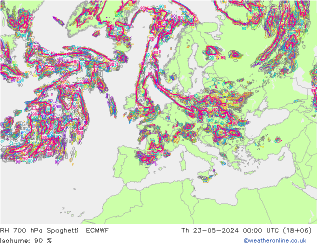 Humedad rel. 700hPa Spaghetti ECMWF jue 23.05.2024 00 UTC