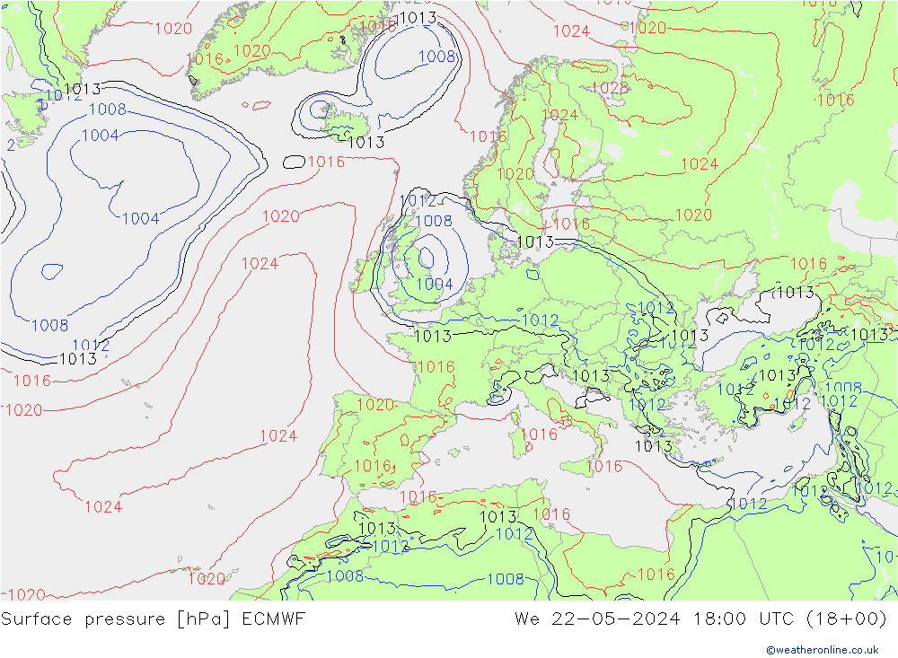 地面气压 ECMWF 星期三 22.05.2024 18 UTC