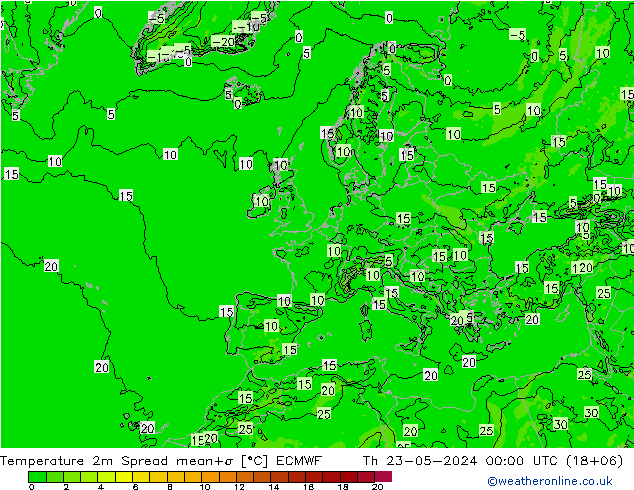 Temperaturkarte Spread ECMWF Do 23.05.2024 00 UTC