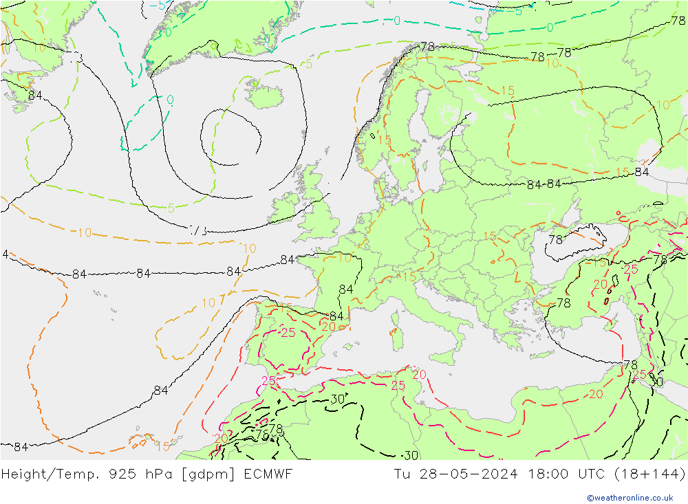 Height/Temp. 925 гПа ECMWF вт 28.05.2024 18 UTC