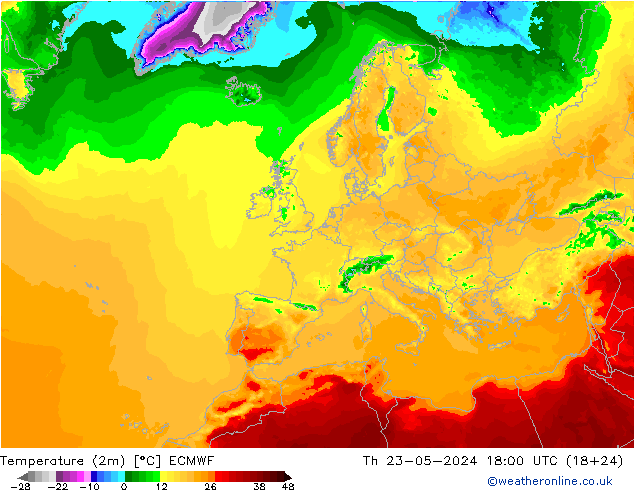 Temperaturkarte (2m) ECMWF Do 23.05.2024 18 UTC