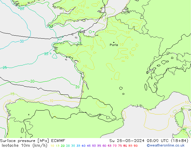Isotachs (kph) ECMWF  26.05.2024 06 UTC