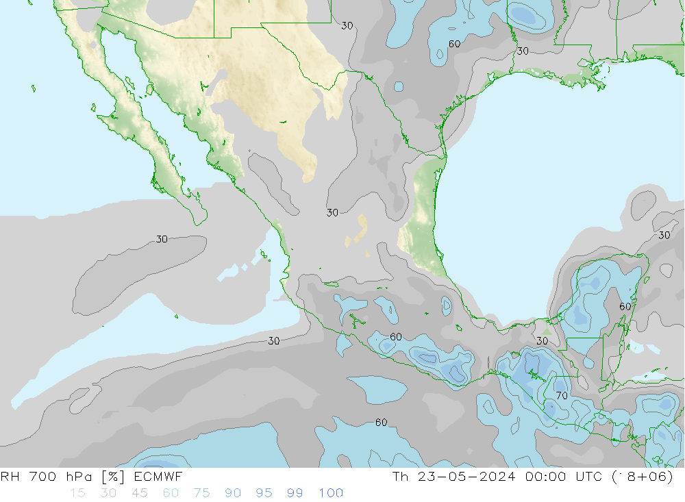 Humedad rel. 700hPa ECMWF jue 23.05.2024 00 UTC