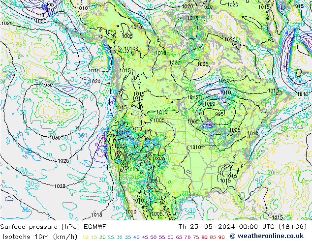 10米等风速线 (kph) ECMWF 星期四 23.05.2024 00 UTC