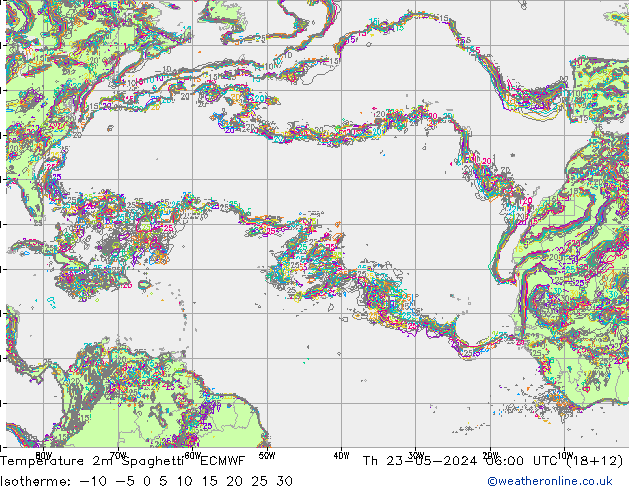 Temperature 2m Spaghetti ECMWF Th 23.05.2024 06 UTC
