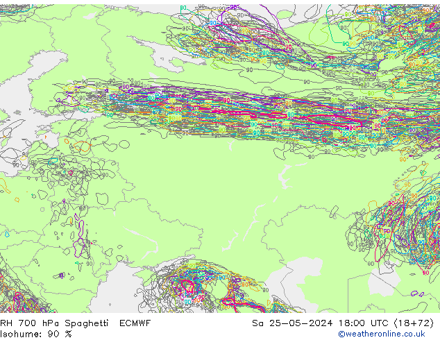 RH 700 hPa Spaghetti ECMWF so. 25.05.2024 18 UTC