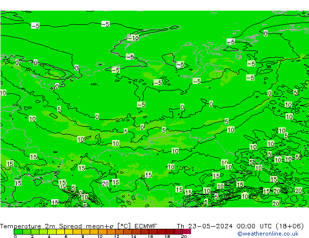 Temperatura 2m Spread ECMWF Qui 23.05.2024 00 UTC