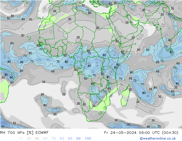 Humidité rel. 700 hPa ECMWF ven 24.05.2024 06 UTC