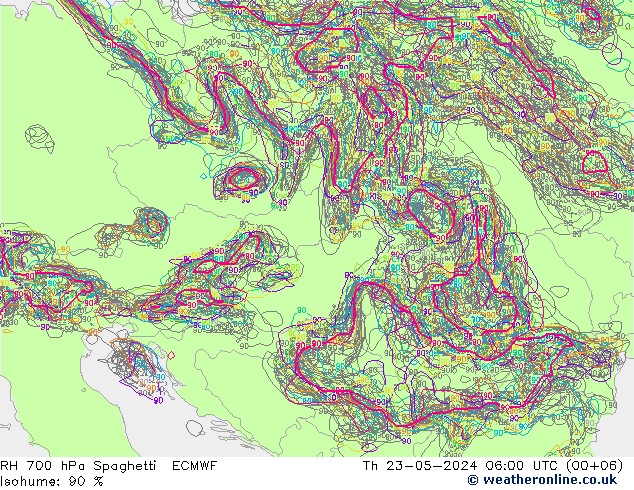 RH 700 hPa Spaghetti ECMWF  23.05.2024 06 UTC