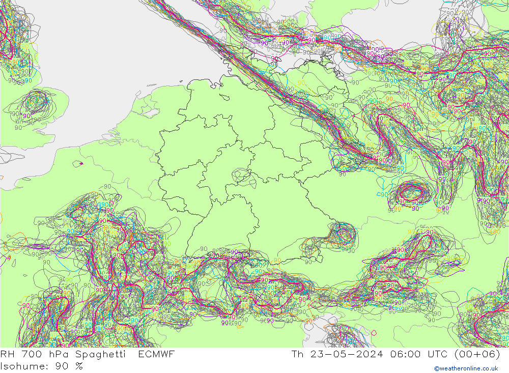 Humedad rel. 700hPa Spaghetti ECMWF jue 23.05.2024 06 UTC