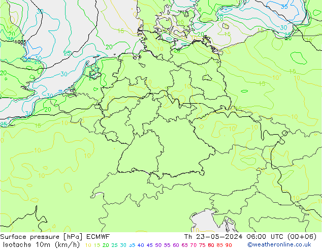 Isotachen (km/h) ECMWF Do 23.05.2024 06 UTC