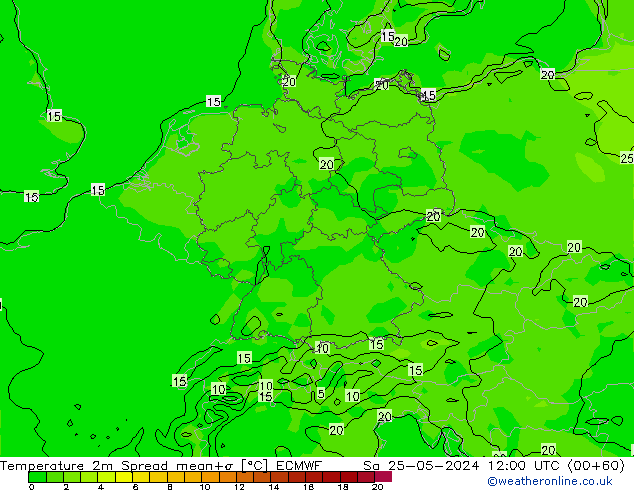 Temperaturkarte Spread ECMWF Sa 25.05.2024 12 UTC