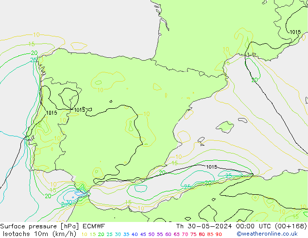 Isotachs (kph) ECMWF  30.05.2024 00 UTC