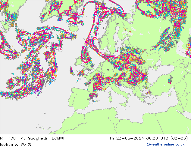 RH 700 hPa Spaghetti ECMWF 星期四 23.05.2024 06 UTC