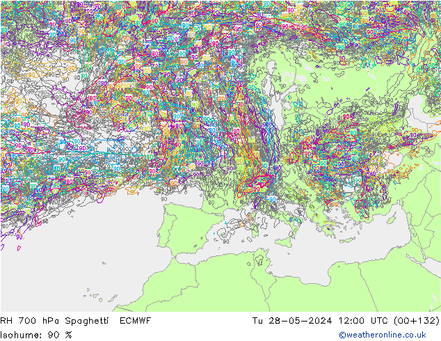 RH 700 hPa Spaghetti ECMWF mar 28.05.2024 12 UTC