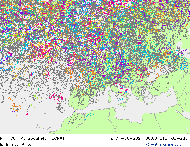 RH 700 hPa Spaghetti ECMWF Ter 04.06.2024 00 UTC