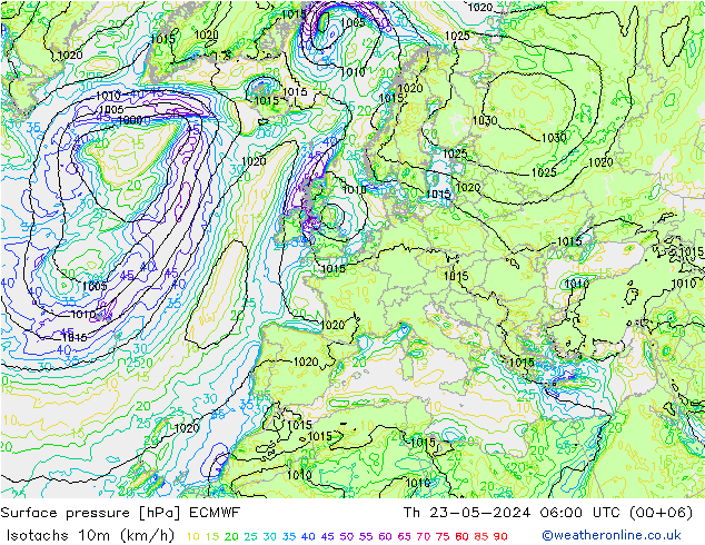 10米等风速线 (kph) ECMWF 星期四 23.05.2024 06 UTC