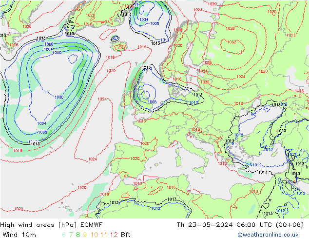 High wind areas ECMWF 星期四 23.05.2024 06 UTC