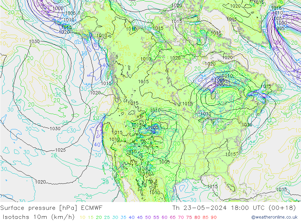 Isotachen (km/h) ECMWF do 23.05.2024 18 UTC