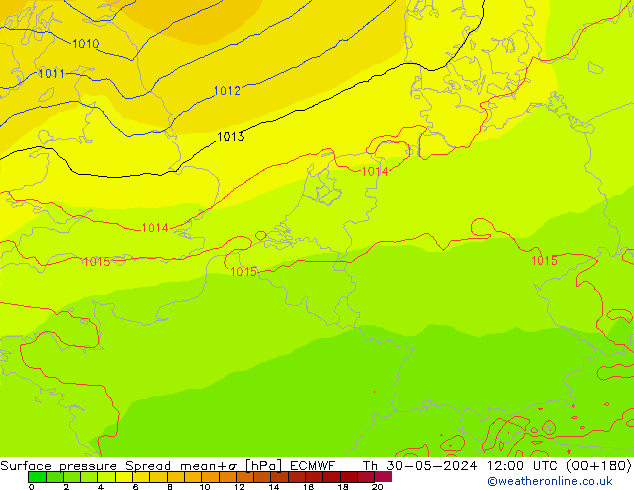 Surface pressure Spread ECMWF Th 30.05.2024 12 UTC