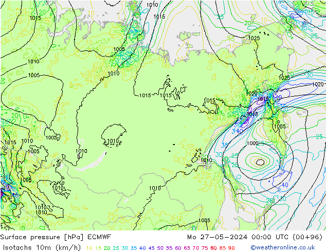 Eşrüzgar Hızları (km/sa) ECMWF Pzt 27.05.2024 00 UTC