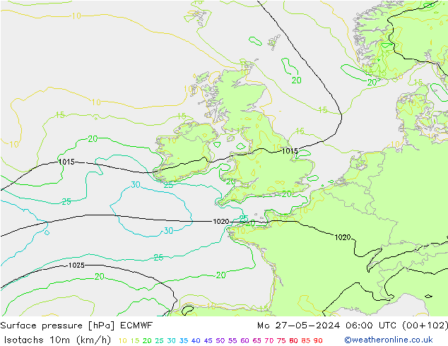 Isotachen (km/h) ECMWF ma 27.05.2024 06 UTC