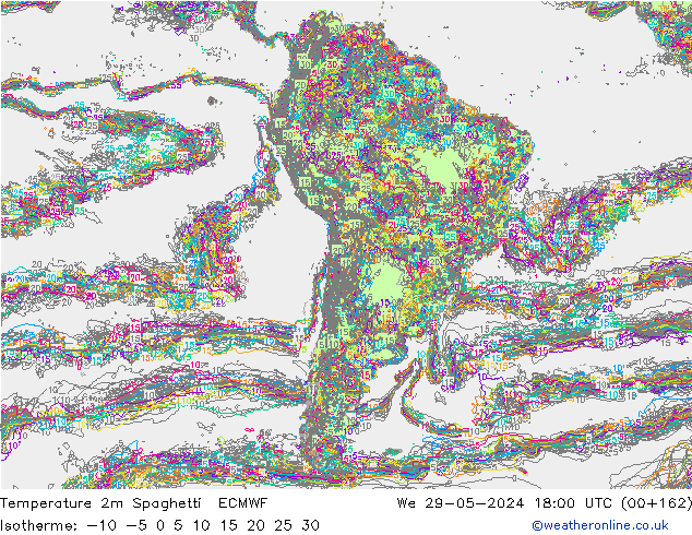 Temperatura 2m Spaghetti ECMWF Qua 29.05.2024 18 UTC