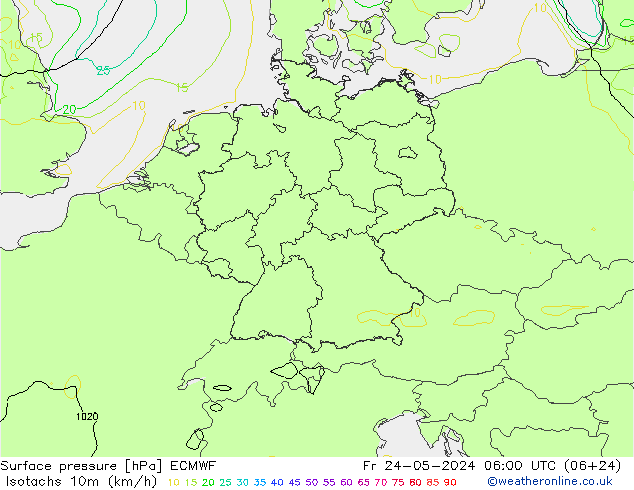 Isotachen (km/h) ECMWF Fr 24.05.2024 06 UTC