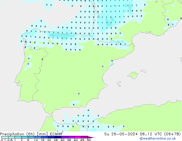 Precipitation (6h) ECMWF Su 26.05.2024 12 UTC