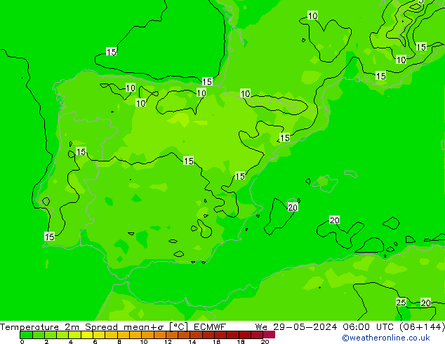 Temperatura 2m Spread ECMWF mié 29.05.2024 06 UTC