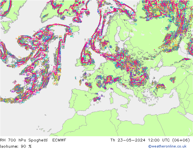 Humedad rel. 700hPa Spaghetti ECMWF jue 23.05.2024 12 UTC