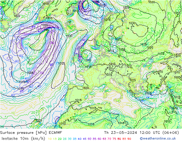 10米等风速线 (kph) ECMWF 星期四 23.05.2024 12 UTC