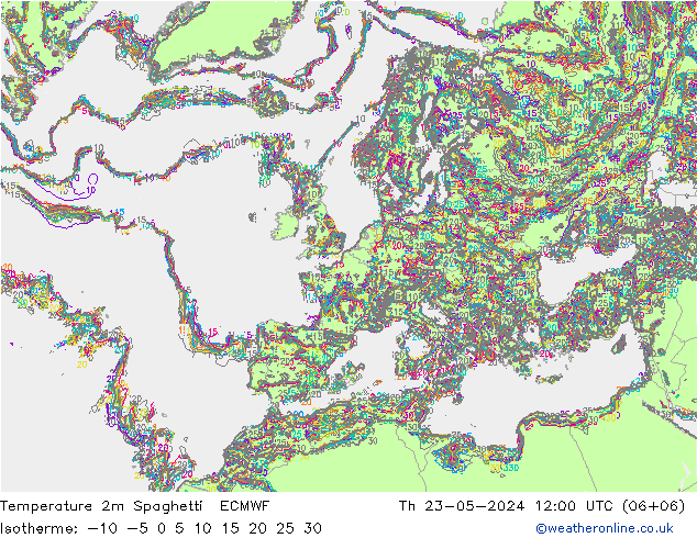 Temperatura 2m Spaghetti ECMWF jue 23.05.2024 12 UTC