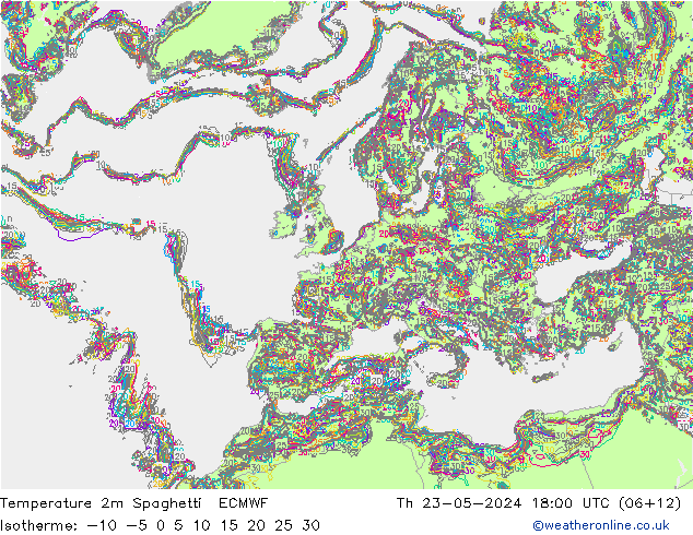 温度图 Spaghetti ECMWF 星期四 23.05.2024 18 UTC
