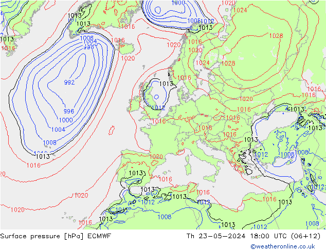 Presión superficial ECMWF jue 23.05.2024 18 UTC