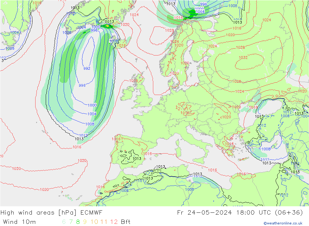 High wind areas ECMWF  24.05.2024 18 UTC