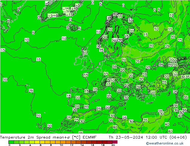 Temperatura 2m Spread ECMWF jue 23.05.2024 12 UTC
