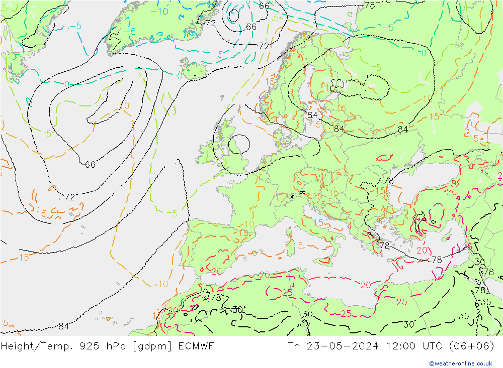 Height/Temp. 925 hPa ECMWF  23.05.2024 12 UTC