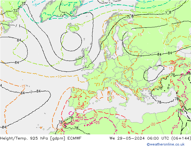 Hoogte/Temp. 925 hPa ECMWF wo 29.05.2024 06 UTC