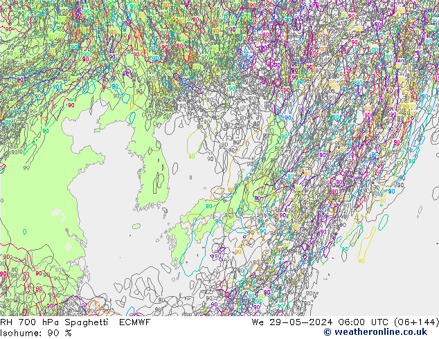 Humedad rel. 700hPa Spaghetti ECMWF mié 29.05.2024 06 UTC